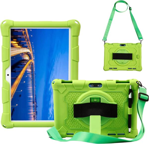 Hminsen Dragon Touch 10 Inch Silicon Case with Hand Strap Shoulder Belt Rotatable Stand Cover Green