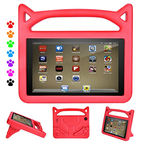 DiHines Kid Proof Light Weight Protective Handle Stand Case for Amazon Fire 7 Tablet Red