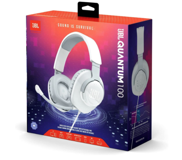 JBL Quantum 100 Wired Over Ear Gaming Headphones with Mic White