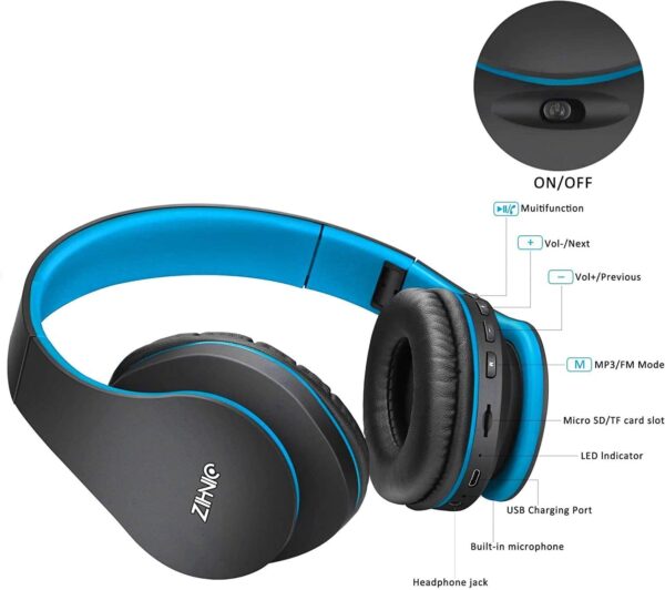 Zihnic Bluetooth Headphones Over Ear Foldable Wireless and Wired Stereo Headset Blue Black 3
