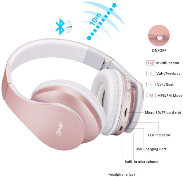 Zihnic Bluetooth Headphones Over Ear Foldable Wireless and Wired Stereo Headset Rose Gold 2