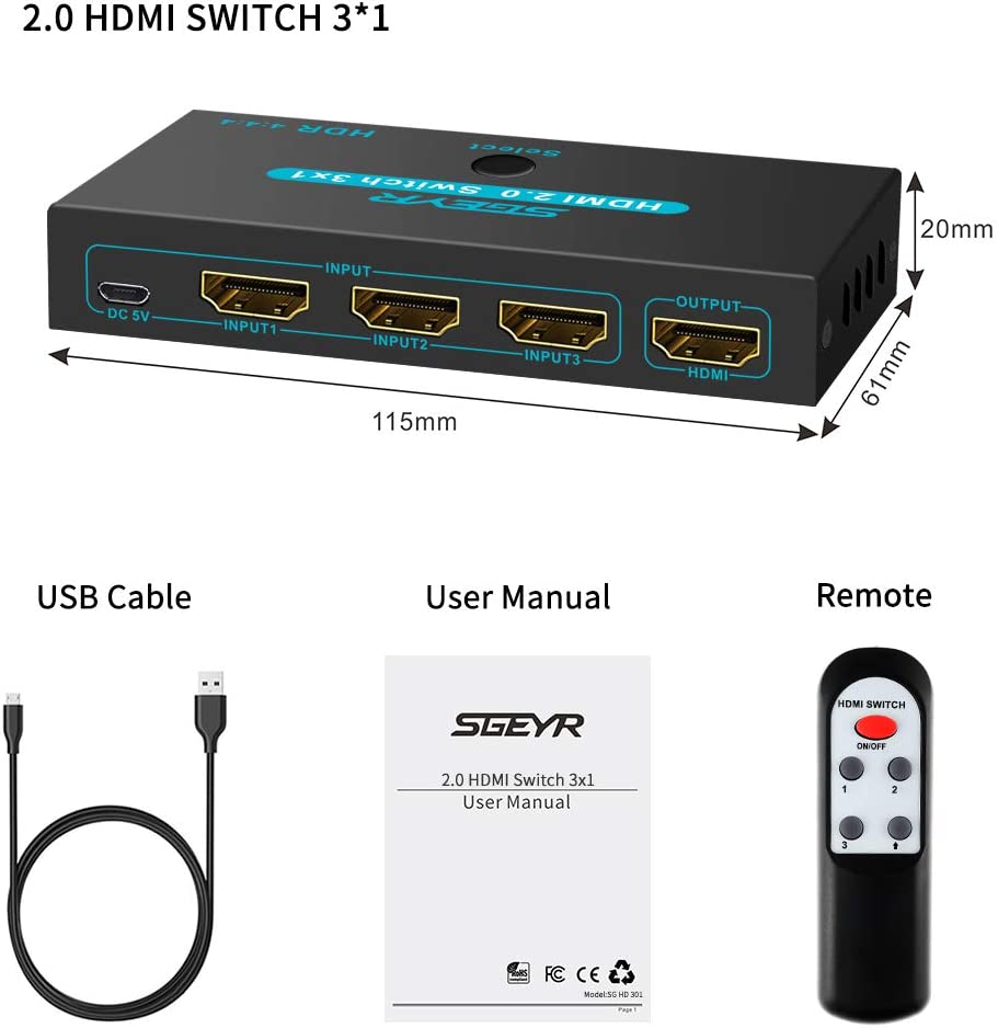 SGEYR HDMI 3 in 1 Out HDMI V2 0 3 Port 4K HDMI Switcher 3