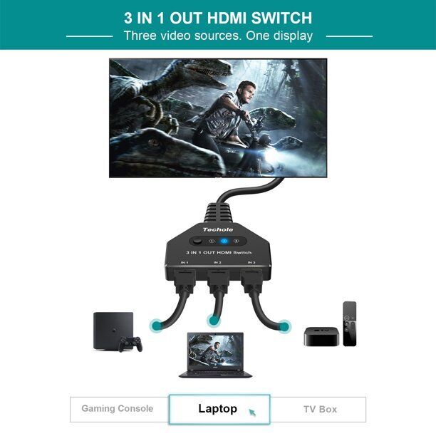 Techole 4K HDMI Switch 3 In 1 Out with HDMI Cable 3 Port HDMI 1