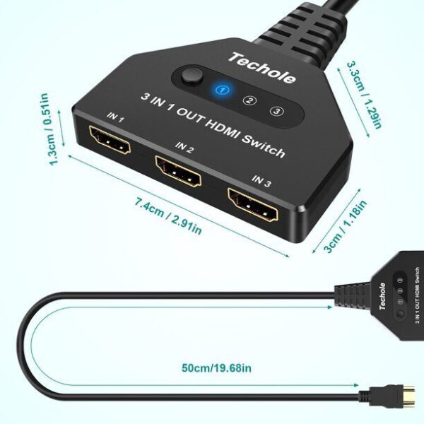 Techole 4K HDMI Switch 3 In 1 Out with HDMI Cable 3 Port HDMI jpg