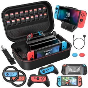 HEYSTOP Case Accessories Kit Compatible with Nintendo Switch 12 in 1 Switch Carry Case PlayStand Grip Steering Wheel Grip Screen Protector